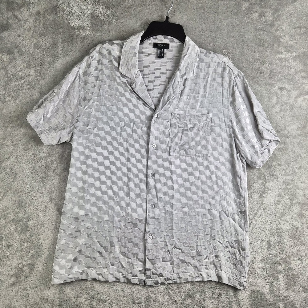 Forever 21 Shirt Mens Gray Geometric Textutred Rayon Short Sleeve Retro Festival